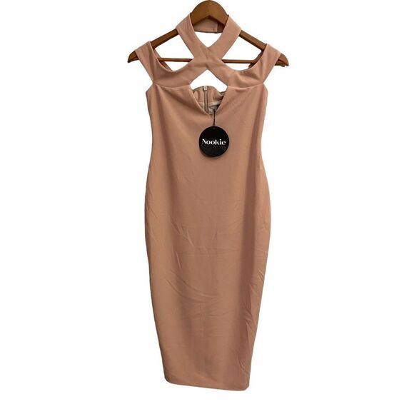 Nookie NWT Hollywood Blush Pink Cut Out Midi Cocktail Stretch Dress Medium - Picture 2 of 9